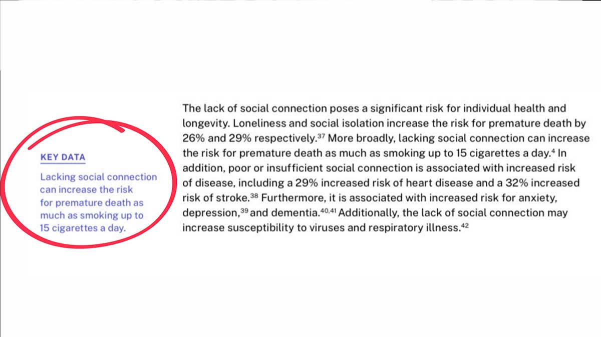 Lacking social connection can increase the risk for premature death as much as smoking 15 cigarettes a day.